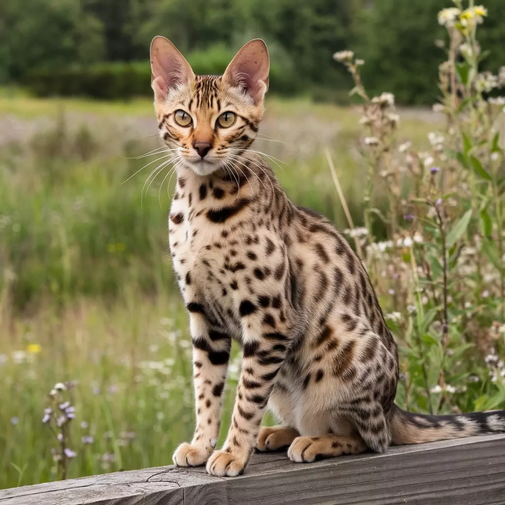 Bengal and Domestic Shorthair mix cat with a spotted coat sitting on a wooden fence in a lush green field with wildflowers.