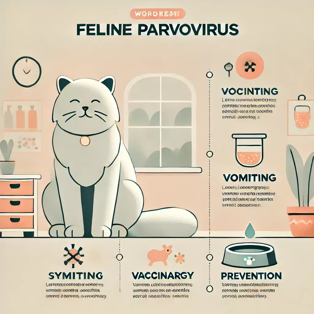 A simple and clean illustration of a healthy, vaccinated cat sitting calmly indoors, symbolizing protection against feline parvovirus and Cats Get Parvo