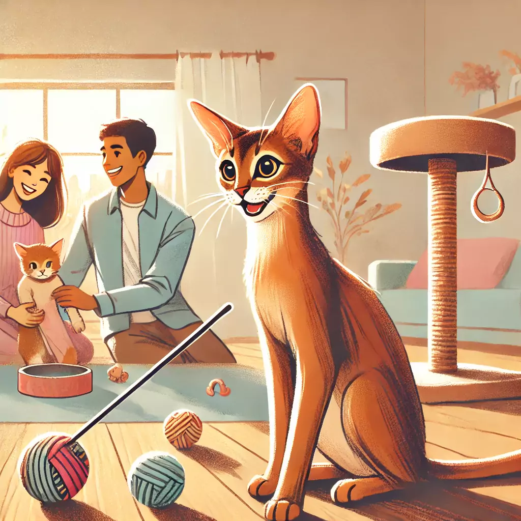 An Abyssinian cat playing in a cozy home with toys and a scratching post, surrounded by a family smiling warmly in the background.