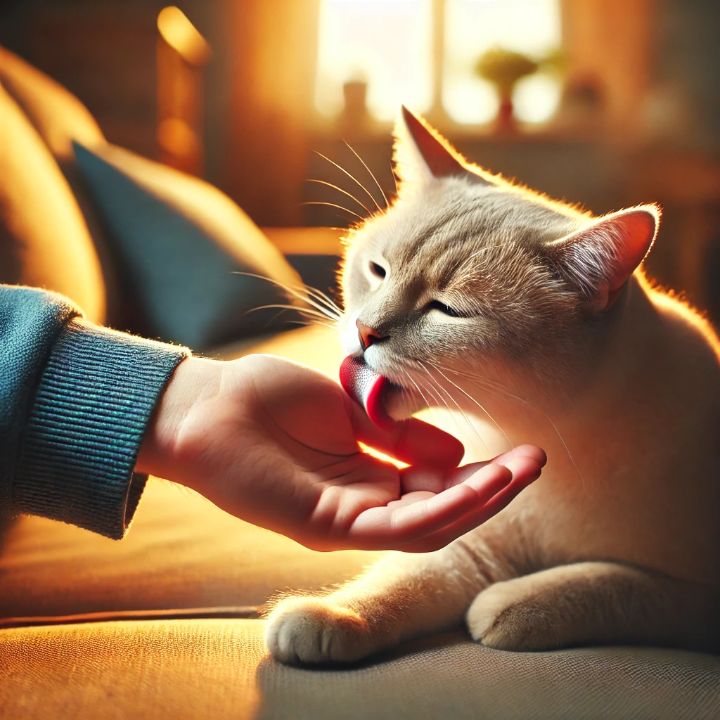 A domestic cat licking its owner’s hand in a cozy living room, symbolizing the affectionate bond between cats and humans. The background features a warm, inviting setting with soft lighting, emphasizing the nurturing connection.