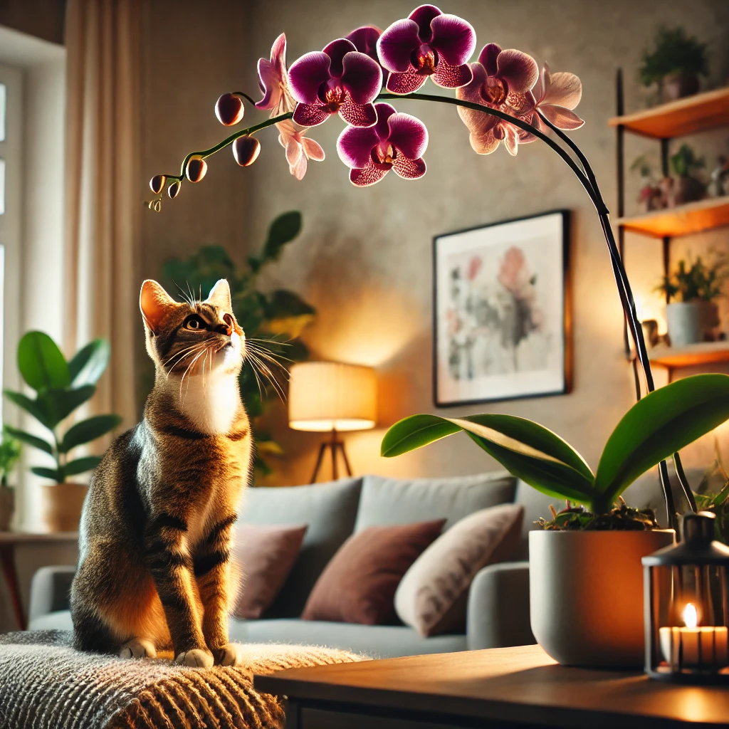 Curious cat near a Phalaenopsis orchid on a high shelf, showcasing the safety of orchids for cats in a peaceful living room environment.