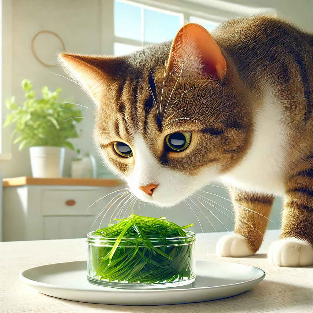 A curious tabby cat sniffing a small piece of seaweed on a white plate in a soft, minimal kitchen setting.
