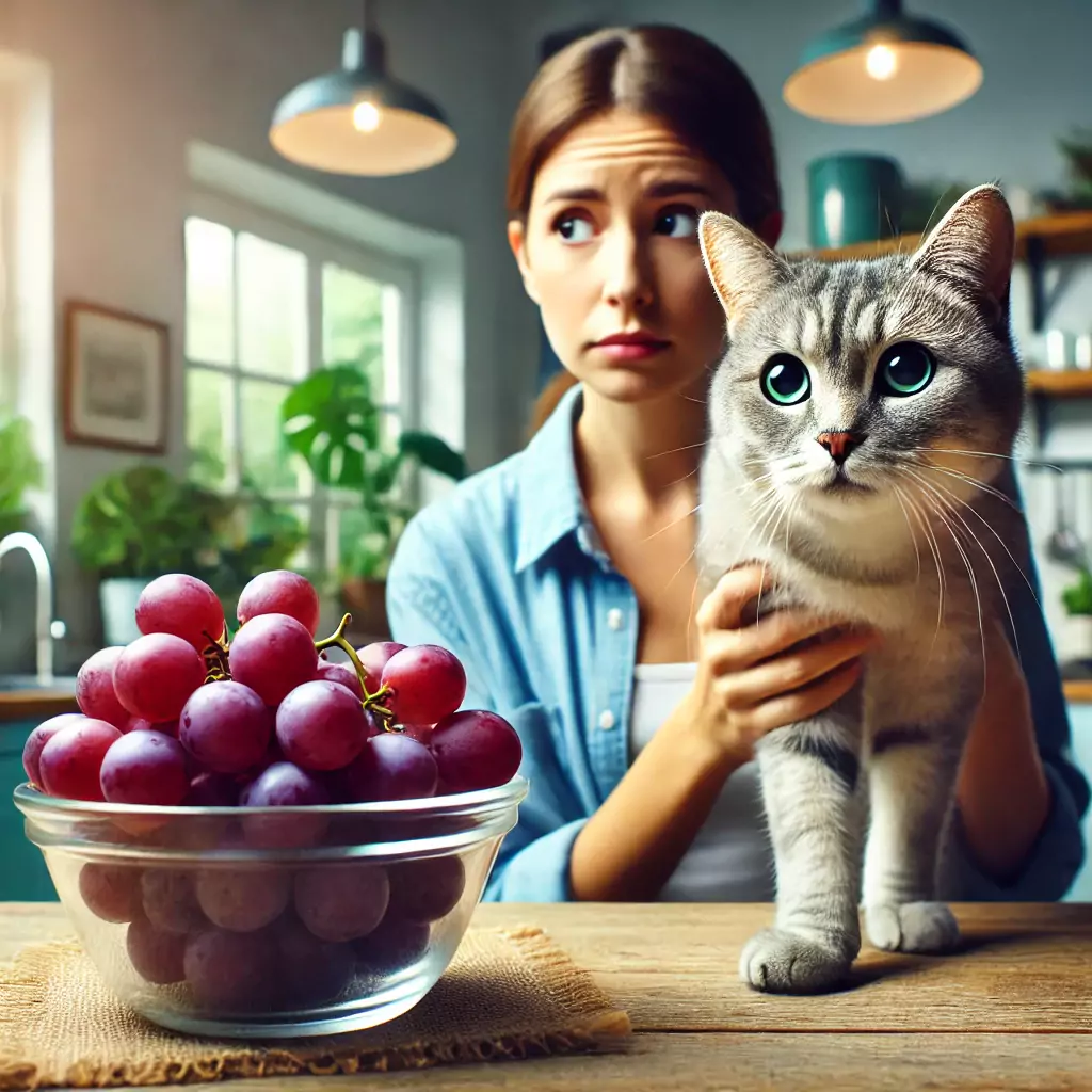 A concerned pet owner holding a curious cat, with a bunch of grapes on a nearby table, symbolizing the dangers Can Cats Eat Grapes
